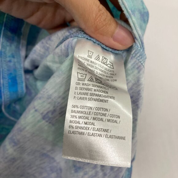 Belle by Kim Gravel size 1X Blue Purple Abstract V neck Stretch 3/4 Sleeve Top - Picture 8 of 10